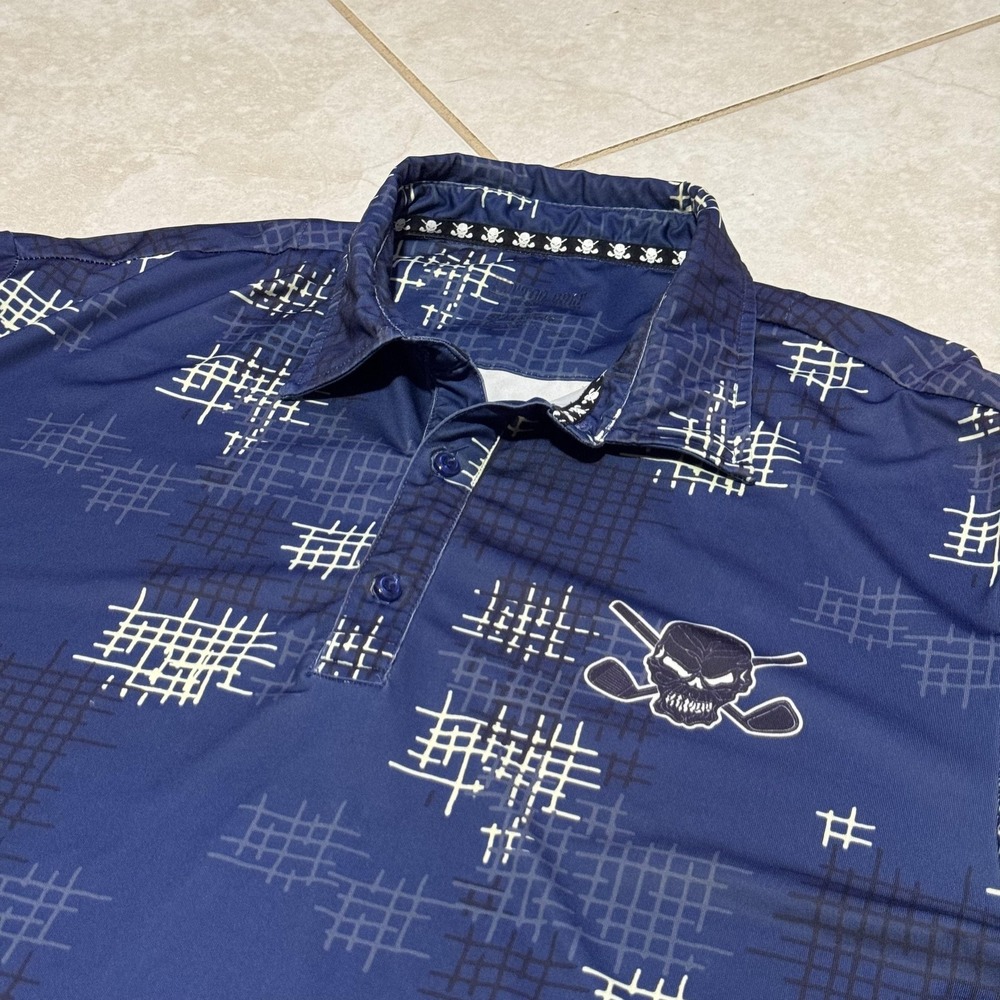 Tattoo Golf Polo Shirt Mens Large‎ Blue Performance Skull Crossed Clubs Birkdale